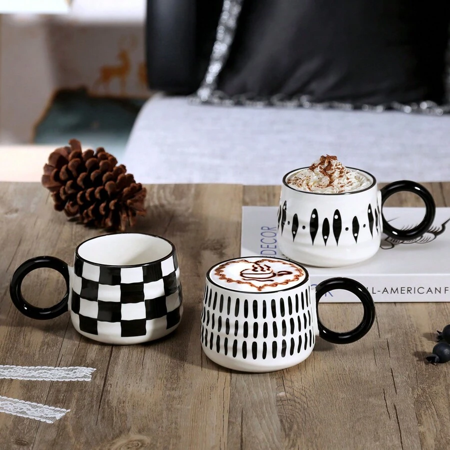 1 Stück schwarz-weiße Keramik Kaffeetasse, moderner Vintage-Stil Wasserglas, geeignet für Getränke im Sommer und Winter, Geschenk zum Valentinstag, Schulbeginn