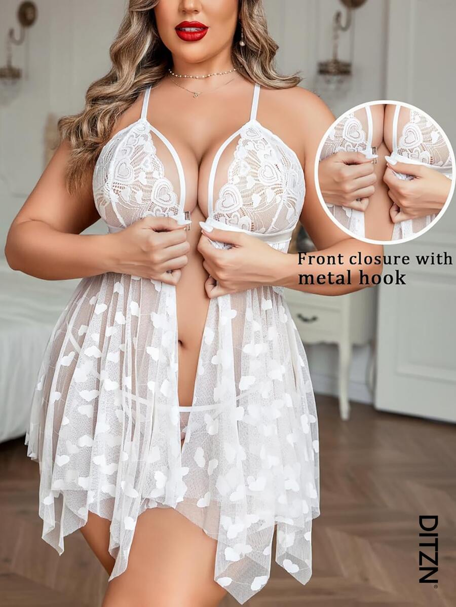 DITZN Plus Size Women's One-Piece Heart Shaped See-Through Erotic Sexy Lingerie Front Button Dress Split Lace Dress Summer Passion Night Breathable Pajamas Homewear (Free Thong) For Rave