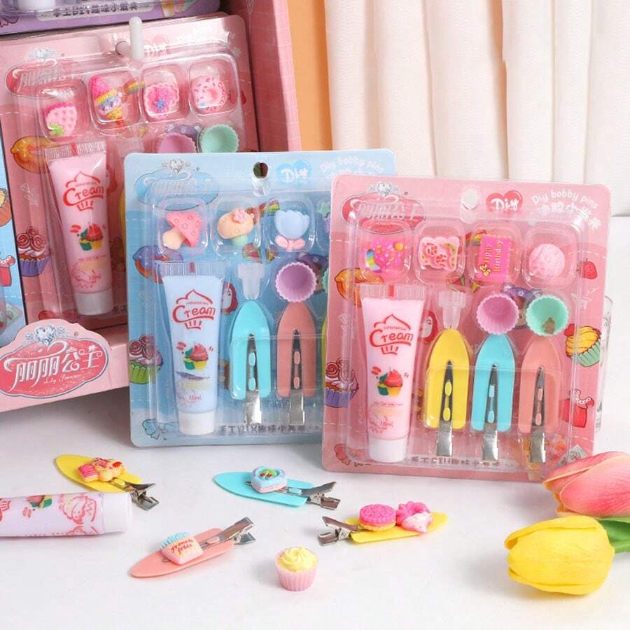 1 pièce Ensemble cadeau de pinces à cheveux de style princesse à simulation de crème multicolore, kit d'accessoires de maquillage et de bijoux pour filles