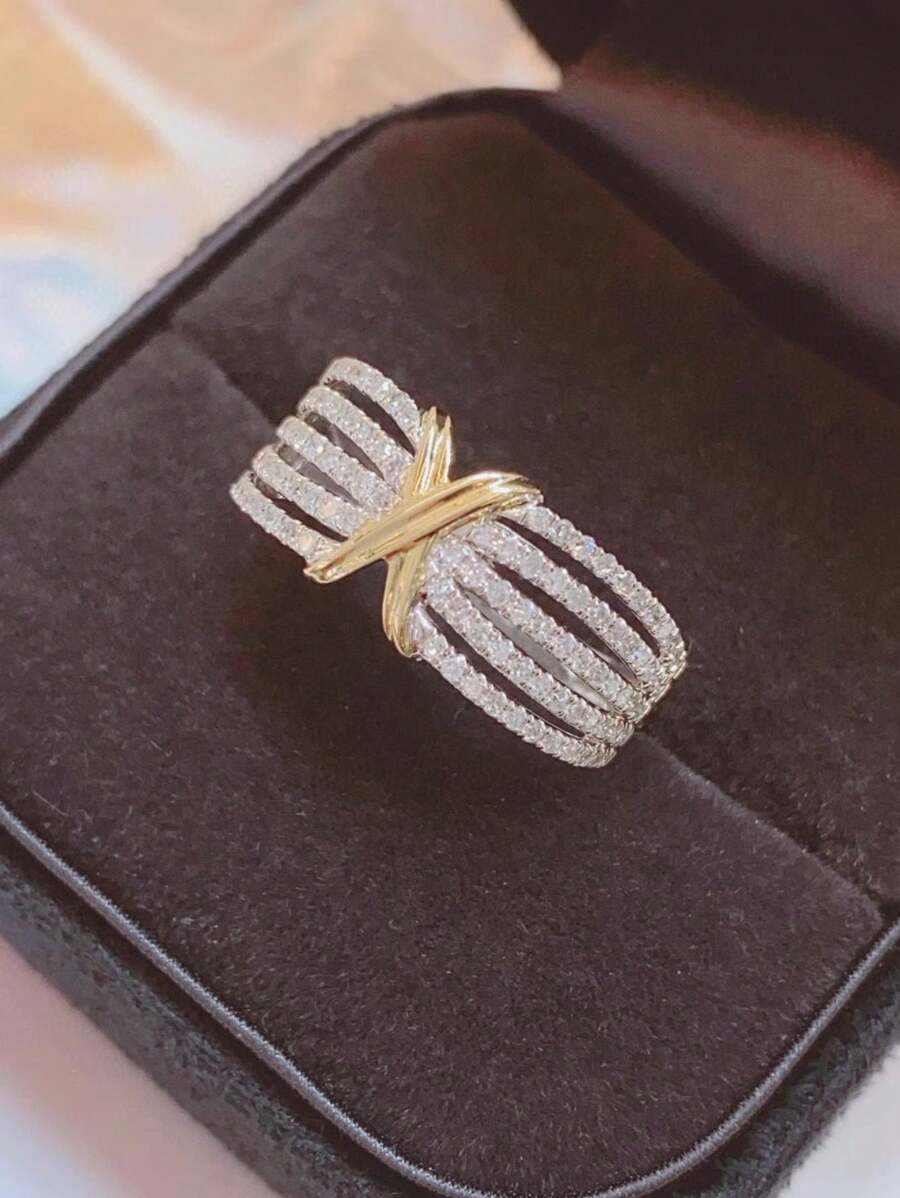 925 Silver Ins-Style 0.5 Carat Dual-Tone Crisscross Diamond Ring, Wide Design, Fashionable & Versatile For Women
