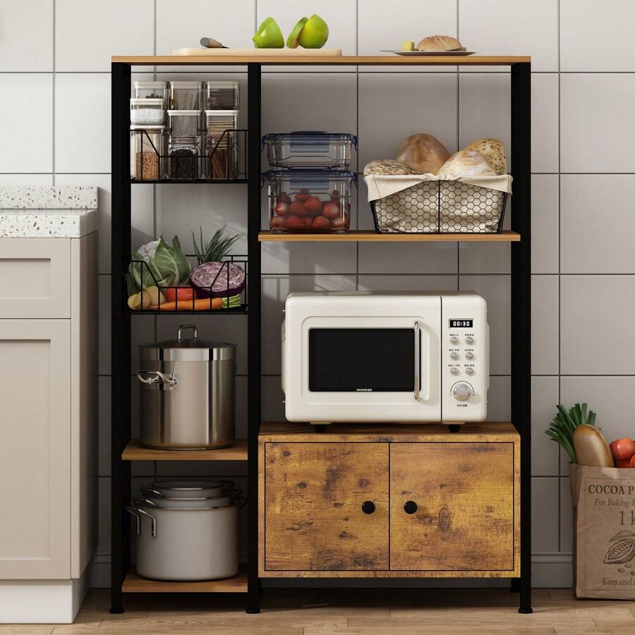 Modern Freestanding Kitchen Bakers Rack With 2 Baskets,Microwave Oven Stand With Shelves,Utility Storage Shelf With Metal Frame,Small Coffee Bar Station,Brown