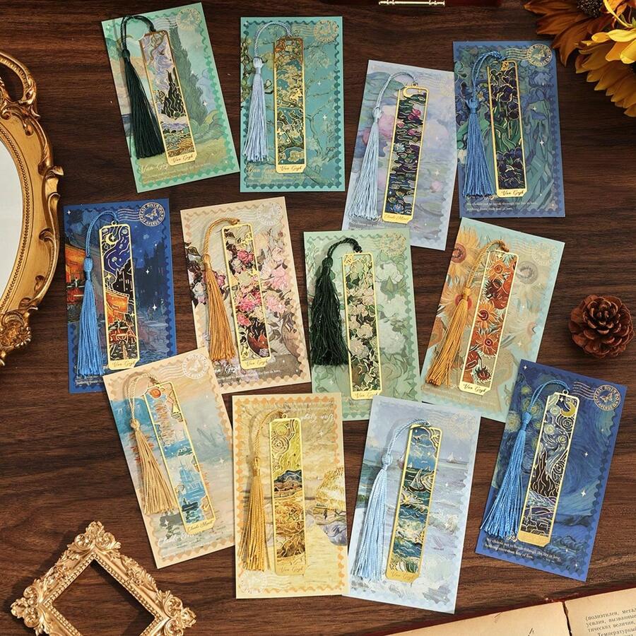 12 Pcs Vintage Painting Metal Bookmark Set Retro Oil Hollow Long Tassel Bookmark Students Reading Tool Creative Gift School Supplies For Book Lovers Friends Office School Stationery Supplies