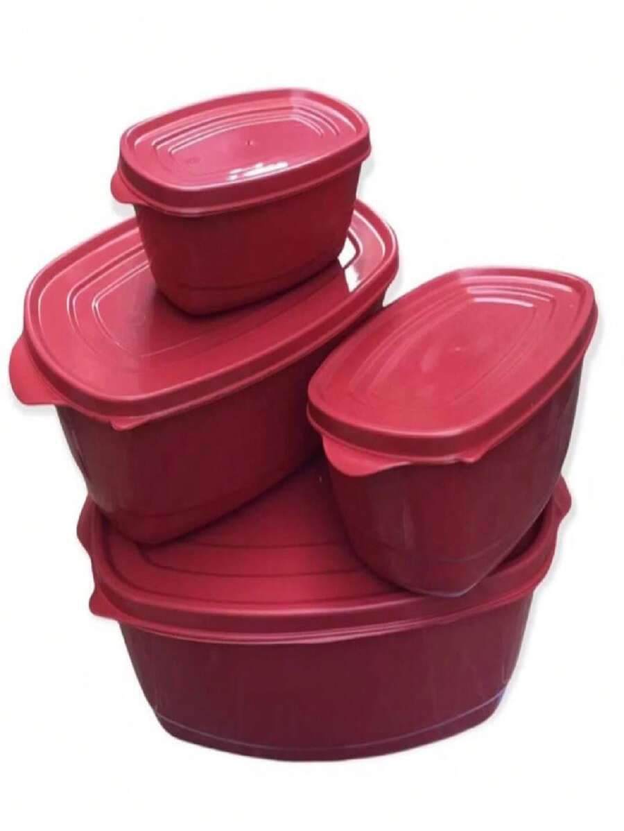 kit pote 4 peças oval com tampa vermelho
