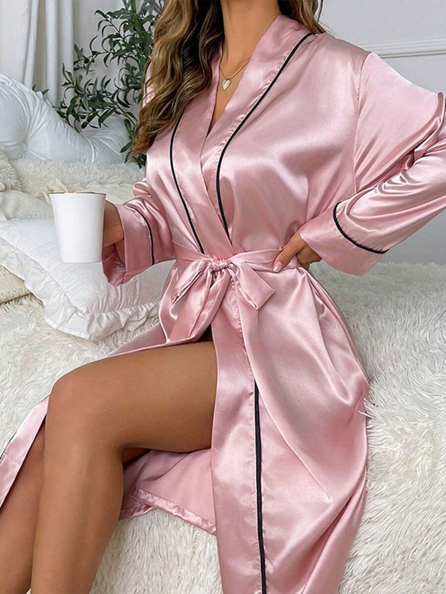 1 pièce Robe de chambre en satin de couleur unie, robe de chambre élégante à manches longues et col en V avec ceinture, vêtement de nuit pour femmes