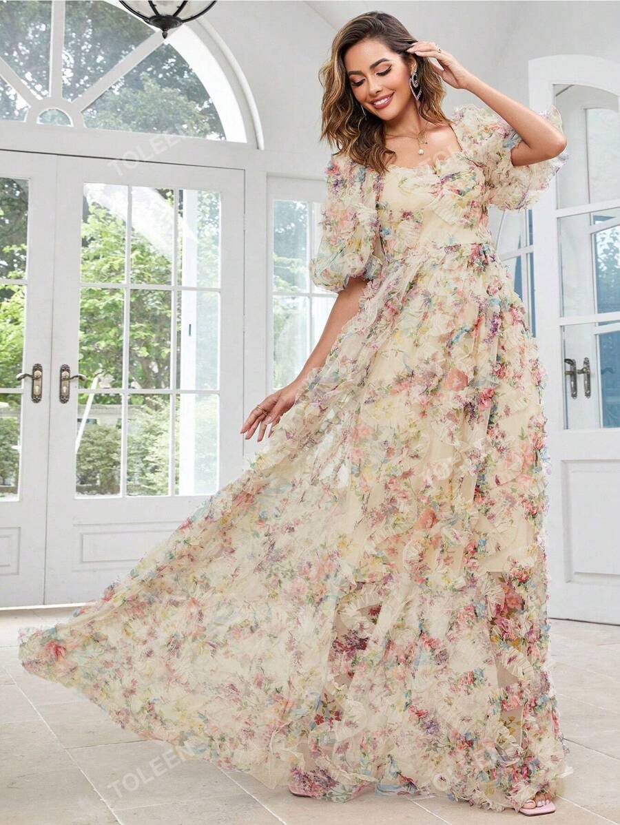 Vestido elegante de cuello corazón con mangas cortas abullonadas y estampado floral para mujeres