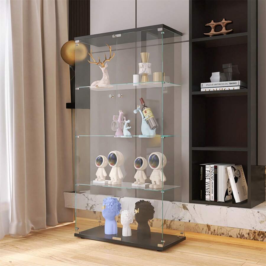 Dolonm Glass Display Cabinet With 4 Shelves, Locking, Curio Cabinet Collection Display Case, Floor Standing Display Cage, Tempered Glass Floor-To-Ceiling Glass Bookcase For Bedroom, Living Room, 2 Colors Available(White/Black)