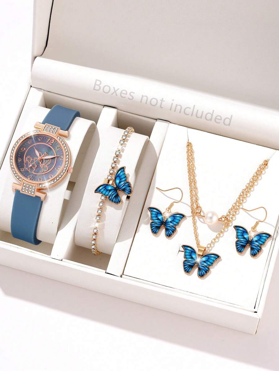 5pcs Set: Fashionable Butterfly Design Women's PU Leather Quartz Watch, Butterfly Charm Bracelet, Butterfly Pendant Necklace