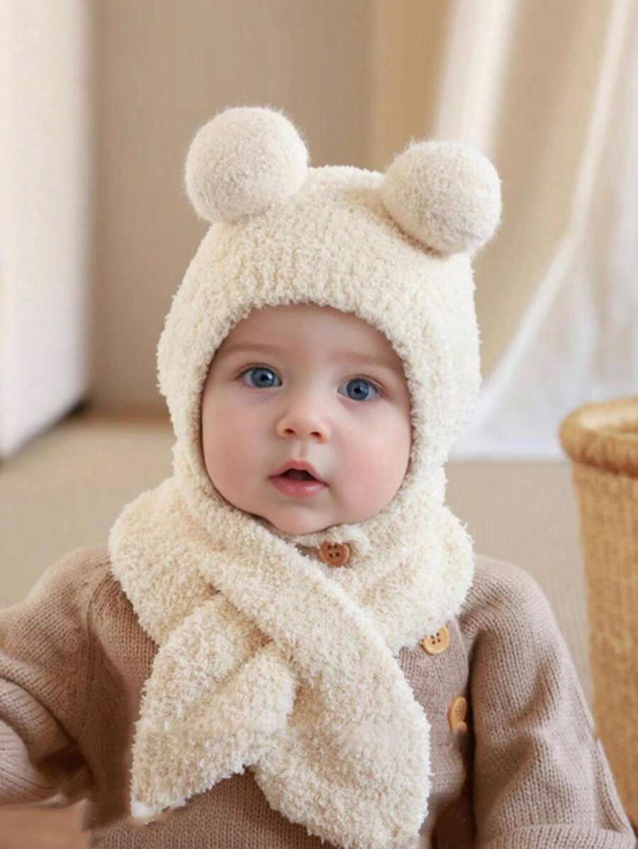 1 set Chapeau de protection auditive et écharpe bébé beige moelleux à double pompon, 2 pièces/ensemble