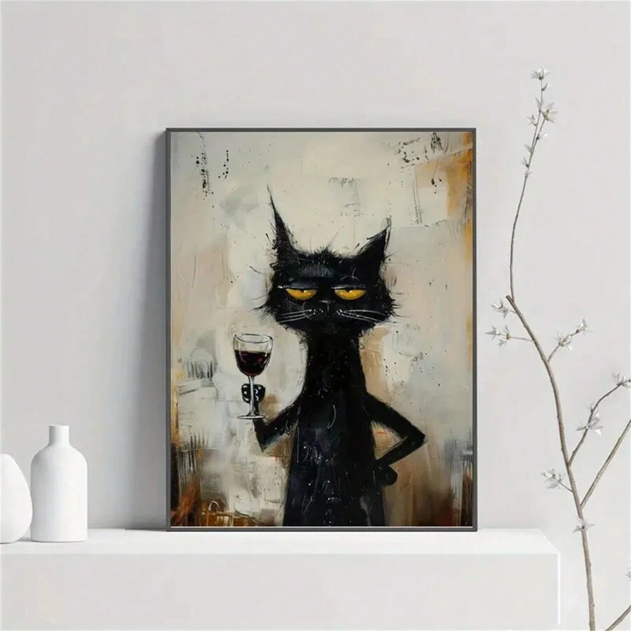 1 pieza Impresión artística en lienzo "Elegante felino" de gato negro único - Sin marco, decoración de pared resistente al agua para sala de estar, dormitorio, oficina - Póster minimalista de animal, perfecto para el hogar y la residencia, arte de pared
