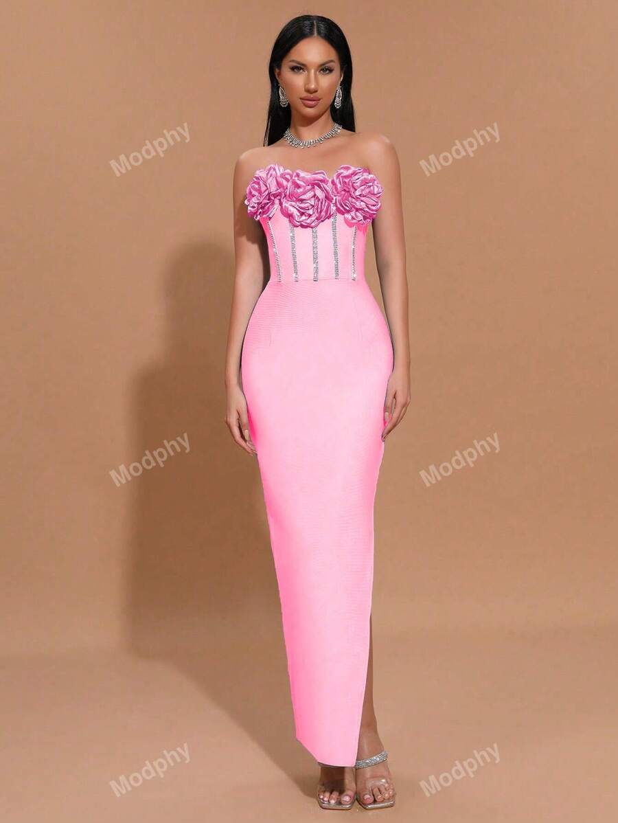 Modphy 2024 Autumn And Winter New Solid Color Strapless Three-Dimensional Flower Inlaid Diamond Slit Sexy Party Tight Bandage Dress Elegant Women'S Formal Dinner Dress