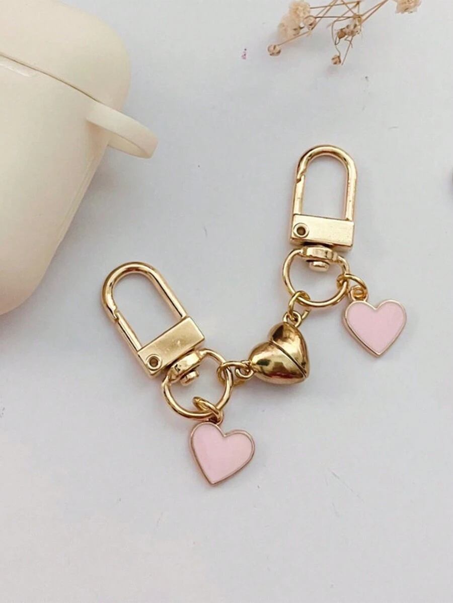 2 pièces/Set Porte-clés magnétiques en forme de cœur rose pour couple, cadeaux d'amitié/couples, souvenirs de remise des diplômes/rentrée scolaire pour amis, accessoires de voiture, breloques de sac pour la Saint-Valentin