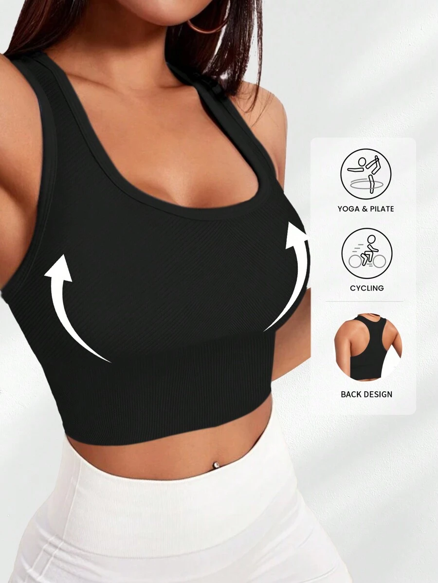 Yefecy Sujetador deportivo de yoga básico de tejido de punto acanalado sólido, Sujetador deportivo sin aro de acero y con almohadillas, a prueba de golpes, para mujeres, ropa deportiva para mujeres