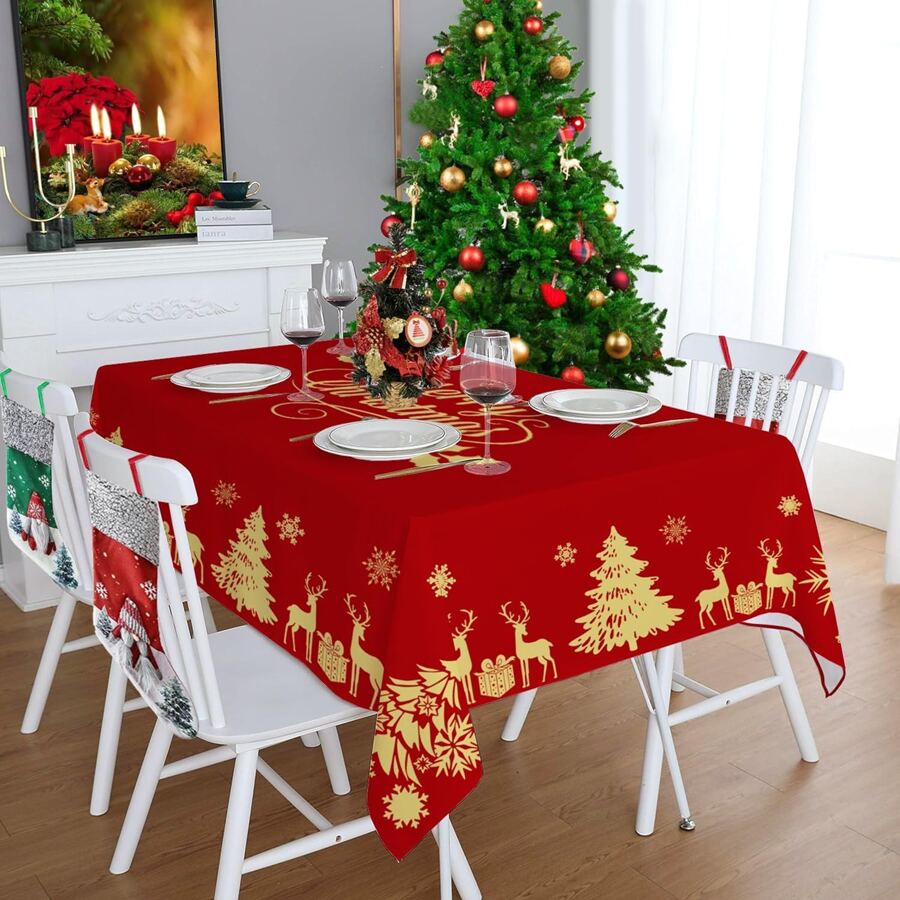 1 pieza Mantel rectangular con tema navideño - a prueba de aceite, impermeable, resistente a las manchas, funda de mesa fácil de limpiar para fiesta en casa, comedor, decoración de mesa de café - decoración perfecta para la temporada festiva