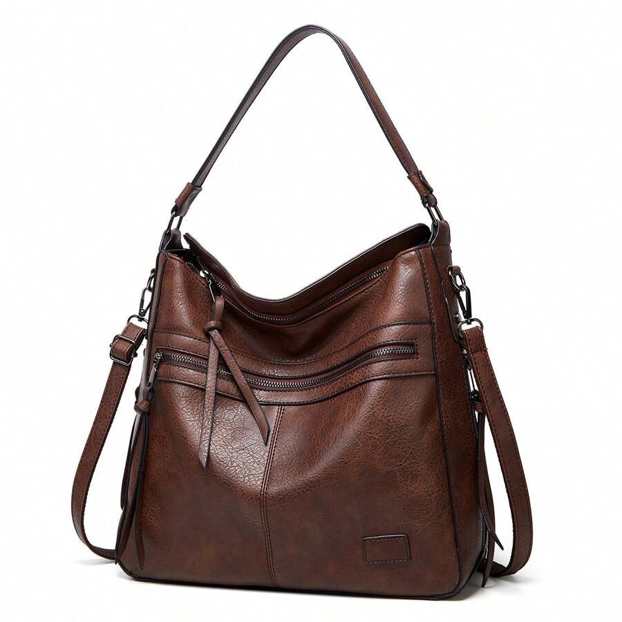 1pc Luxury Handbags Large Capacity Shoulder Bag Solid Color Versatile Underarm Bag Faux Leather Zipper Stylish Tote Bag Vintage Crossbody Messenger Bags Fashion Bag Perfect For Outdoor Travel Work Office Best Gift For Mom, Book Bags For Back To School, Retro Inspired Vintage Bag For Women