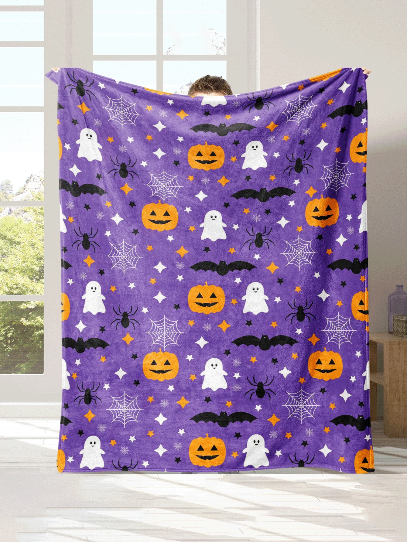 1 pieza Manta de Halloween, manta de forro polar suave y cálida con estampado de murciélagos, arañas y calabazas, para sofá, oficina, cama, camping, siesta, manta multiusos para todas las estaciones, regalo
