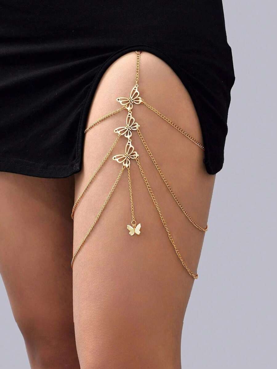 1 pieza Cadena para la pierna de mujer con mariposa de múltiples capas y diseño creativo, cadena de cuerda elástica de encaje exagerada y sexy con colgante de serpiente, adecuada para uso diario o como regalo de Navidad