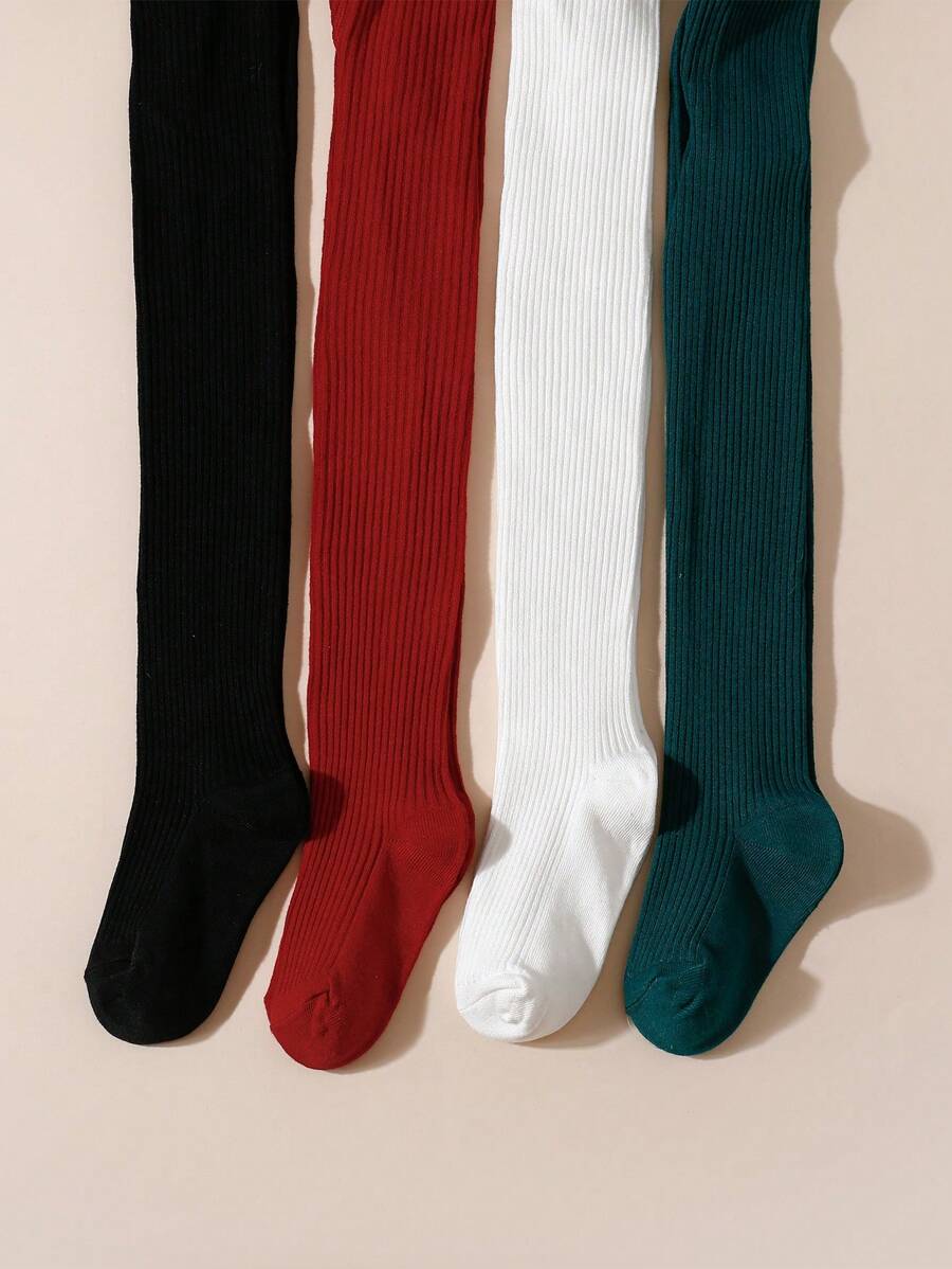 4 piezas Leggings/medias de niña a rayas verticales de unicolor, adecuado para uso diario