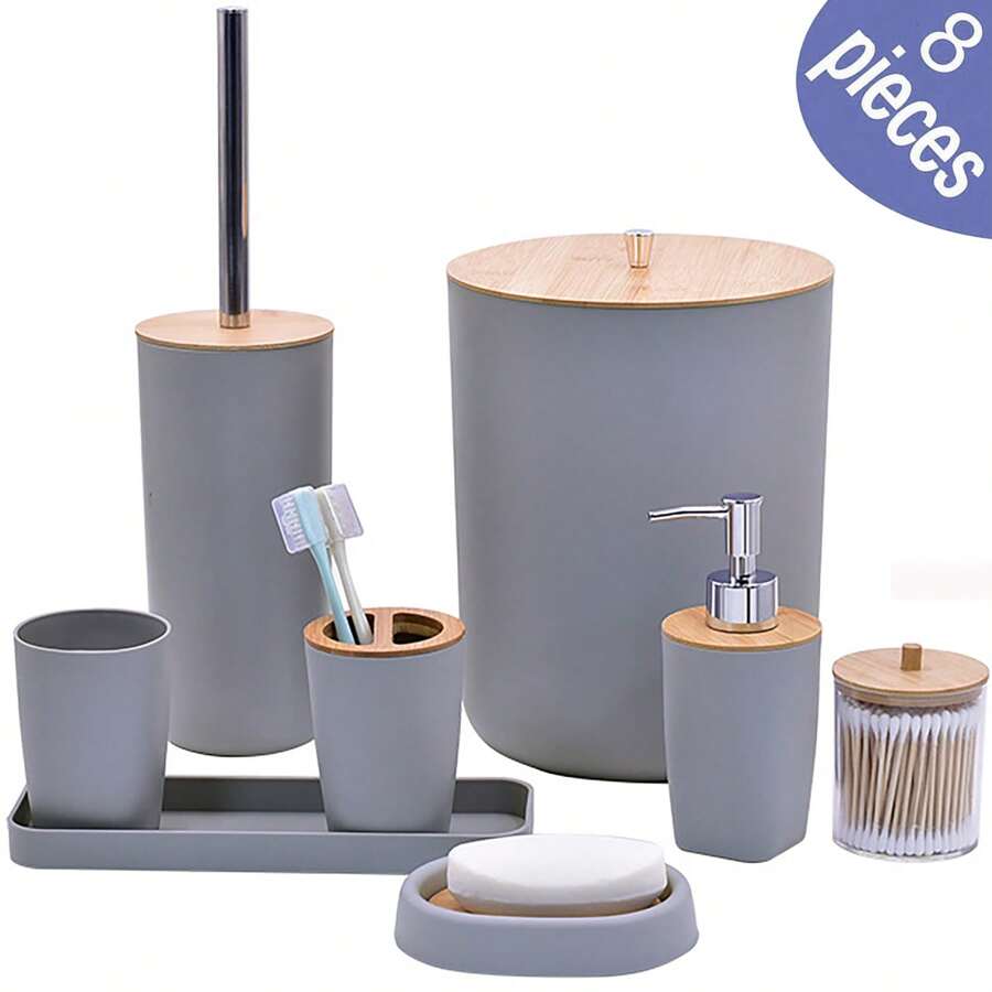 8 pièces, accessoires de salle de bain de luxe en plastique et bambou, distributeur de savon, porte-savon, porte-brosse de toilette, porte-brosse à dents, gobelet, plateau de vanité, distributeur de cotons-tiges, cadeau d'anniversaire, pendaison de crémaillère, Noël, coffret cadeau de vacances (blanc, noir et gris) Rentrée des classes