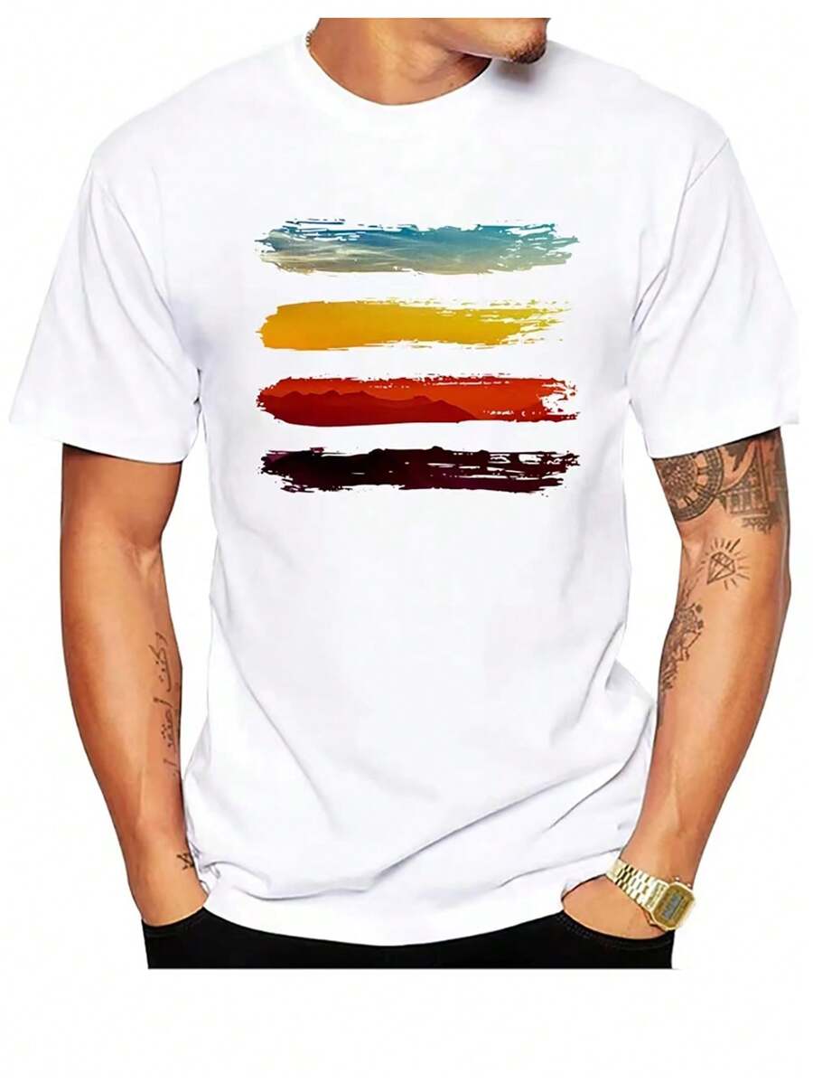 Camiseta de manga corta casual, suelta y de cuello redondo con estampado multicolor para hombre
