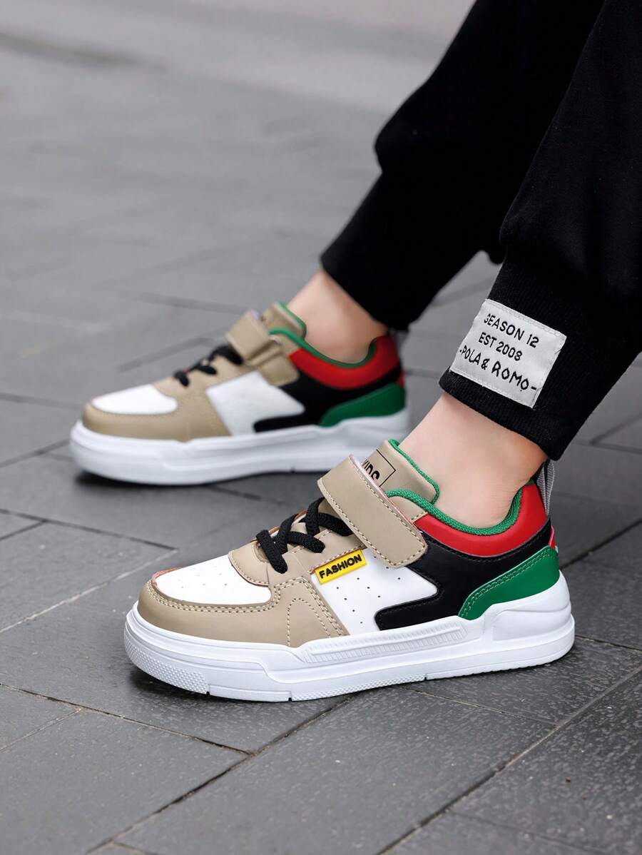 1 Pair Fashionable Casual Breathable Color Matching Leather Low-Top Skateboard Shoes For Teenagers. Anti-Slip, Wear-Resistant, Shock-Absorbing Sports Shoes, Suitable For Outdoor Activities & Versatile Wear For Kids