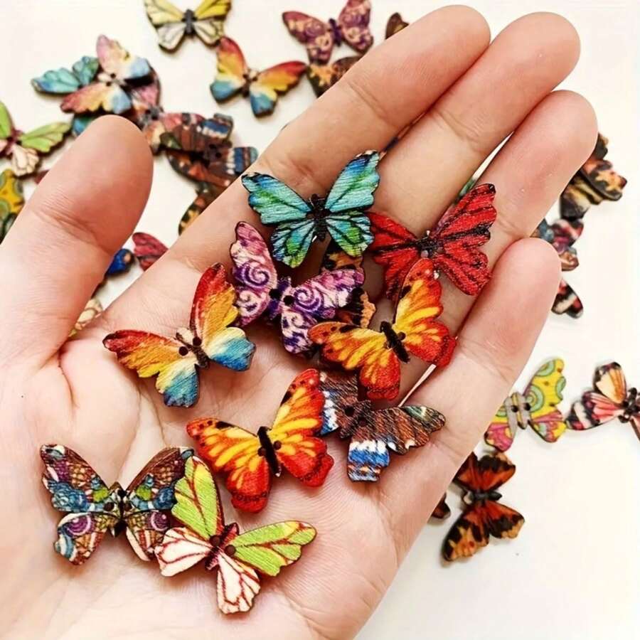 50PCS Red Wooden Butterfly Shape Buttons - Decorative DIY Craft Supplies For Scrapbooking, Clothing, Wedding, Party Decor - Vintage Style Jute Ribbon Rope Cord Embellishments Christmas Tree Button