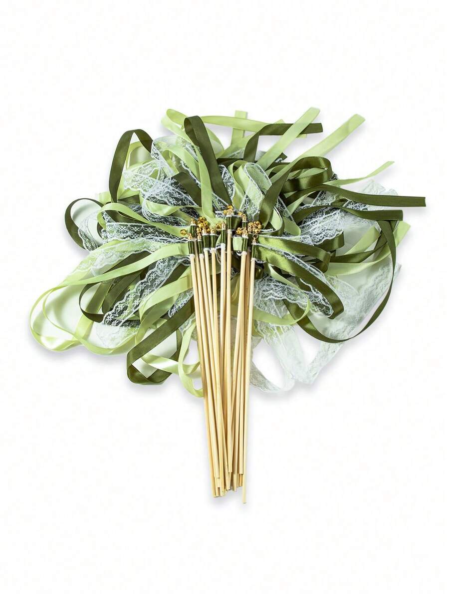 10/20/30pcs Ribbon Wands With Triple Lace Ribbon And Gold Bell Party Wand Party Favors Streamers Ribbon Sticks Magic Fairy Wands For Wedding Decors(Green)
