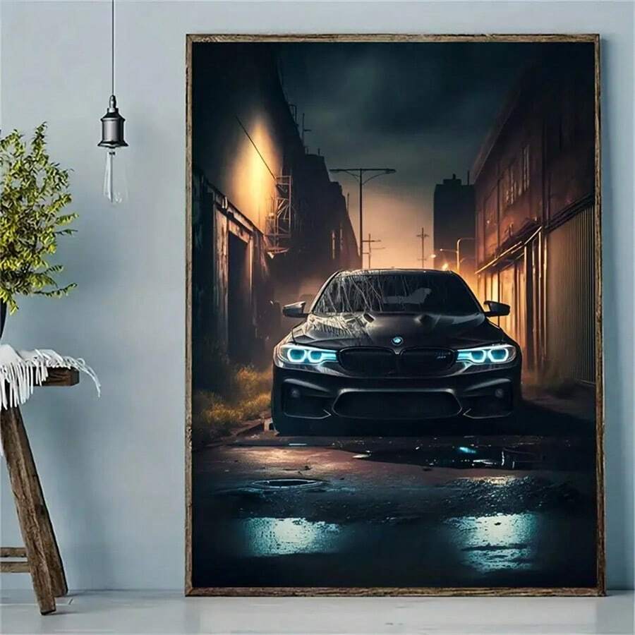 1 pièce Affiche d'art mural en canevas, peinture abstraite de voiture de style industriel moderne, décoration murale d'art de rue mystérieuse de nuit, cadeau idéal pour la chambre à coucher, le salon, le couloir - sans cadre