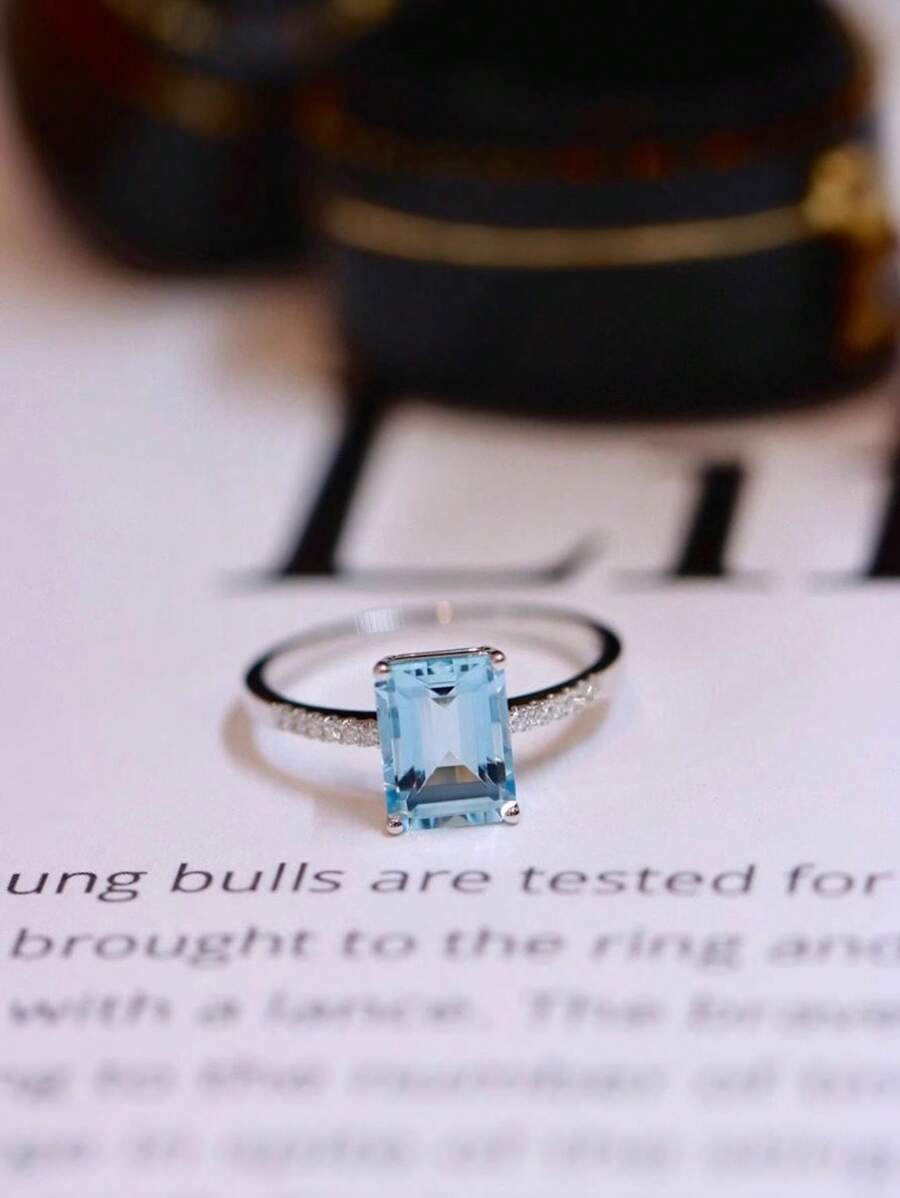 Anel de Aquamarina Quadrado Incrustado de Diamante Estilo Ins em Prata Sterling 925, Design Versátil e Elegante para Mulheres