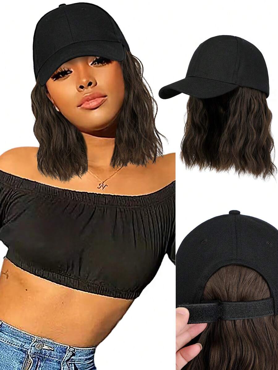 Synthetische Perücke mit Kappe, 8 Zoll kurze lockige Perücke, Bobcut-Stil, schwarze Baseballkappe, hitzebeständige Faser, verstellbare Kappengröße für den täglichen Gebrauch