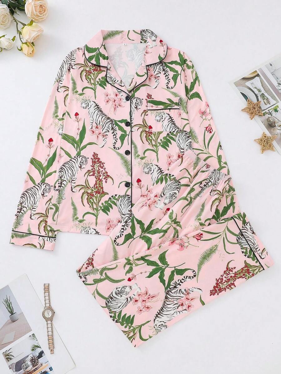 Conjunto de pijama de 2 piezas para mujer, con diseño floral y de tigre, para otoño e invierno. Incluye blusa de manga larga con solapa cómoda y pantalones holgados de cintura elástica. Conjunto casual de uso en casa o paseo, para vacaciones.
