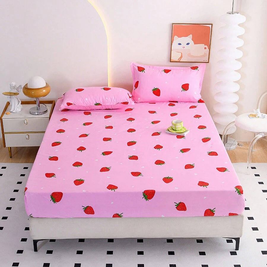 1 pieza Sábana ajustada de microfibra suave con estampado de fresa, planta, hojas, pequeña flor, estampado de cebra, estilo INS sencillo, impresión digital de unicolor (sin funda de almohada), tecnología nano suave y fina, envolvente de 360 grados, lavable a máquina, adecuada para dormitorios estudiantiles, todo el año.