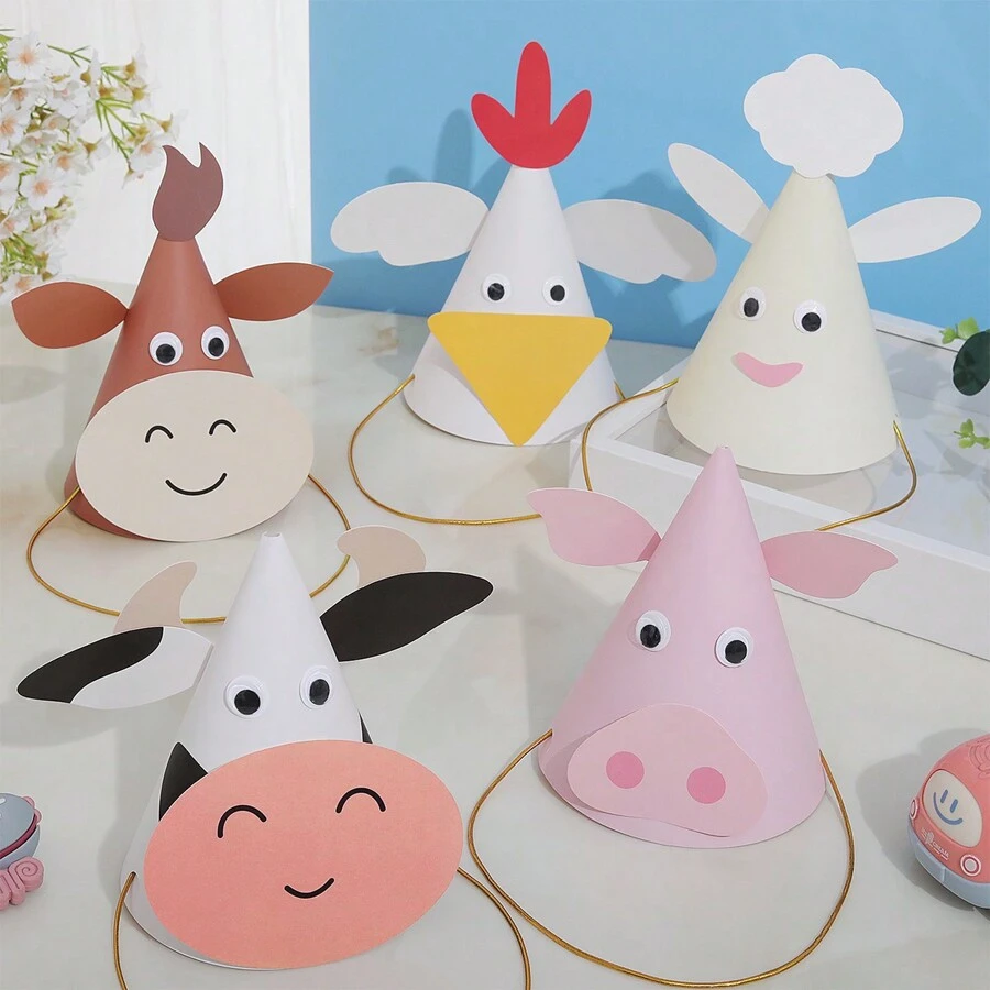 5pcs/Set Cartoon Animal Cow, Pig, Sheep, Chicken, Bull Party Birthday Hat Decoration & Photo Props,Christmas