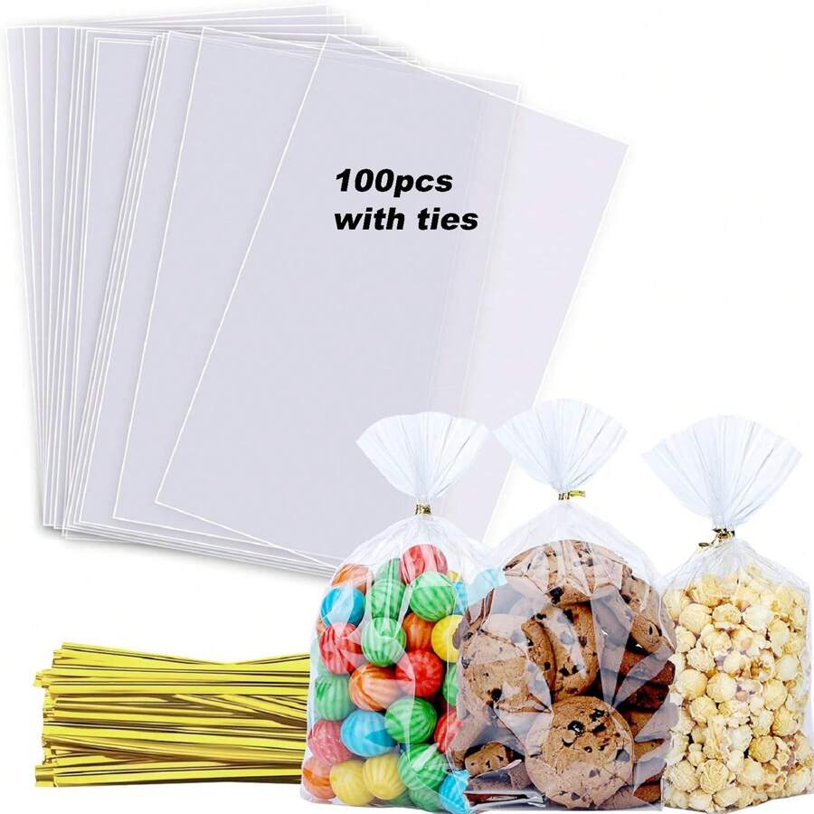 100PCS Cellophane Treat Bags, 8x12cm/10x15/15x20cm/16x24/20x28cm Clear Cellophane Gift Bags With 4" Twist Ties, Clear Bread Bags, Plastic Bags,Cookie Bags, Candy Bags For Treats Gifts Giving Birthday Party Favors