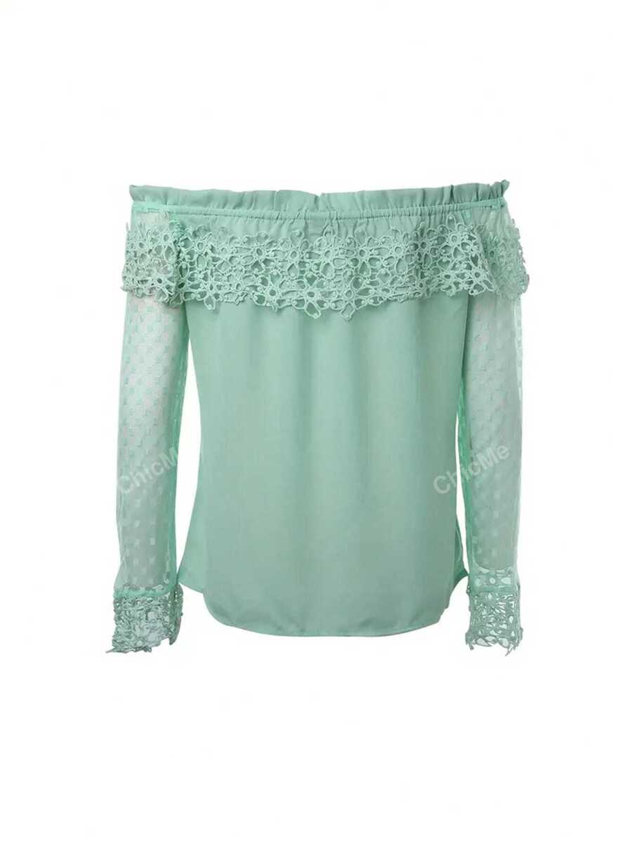 ChicMe Off Shoulder Lace Trim Long Sleeve Shirt For Women Cute Sweet Ruffle Hem Blouse Casual Slim Fit