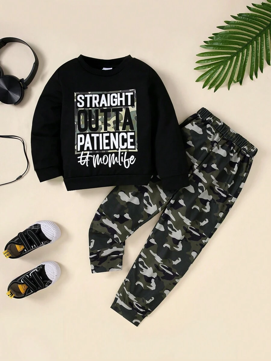 2pcs Young Boy Casual Letter Printed Long Sleeve Top And Camouflage Pants Set, Autumn