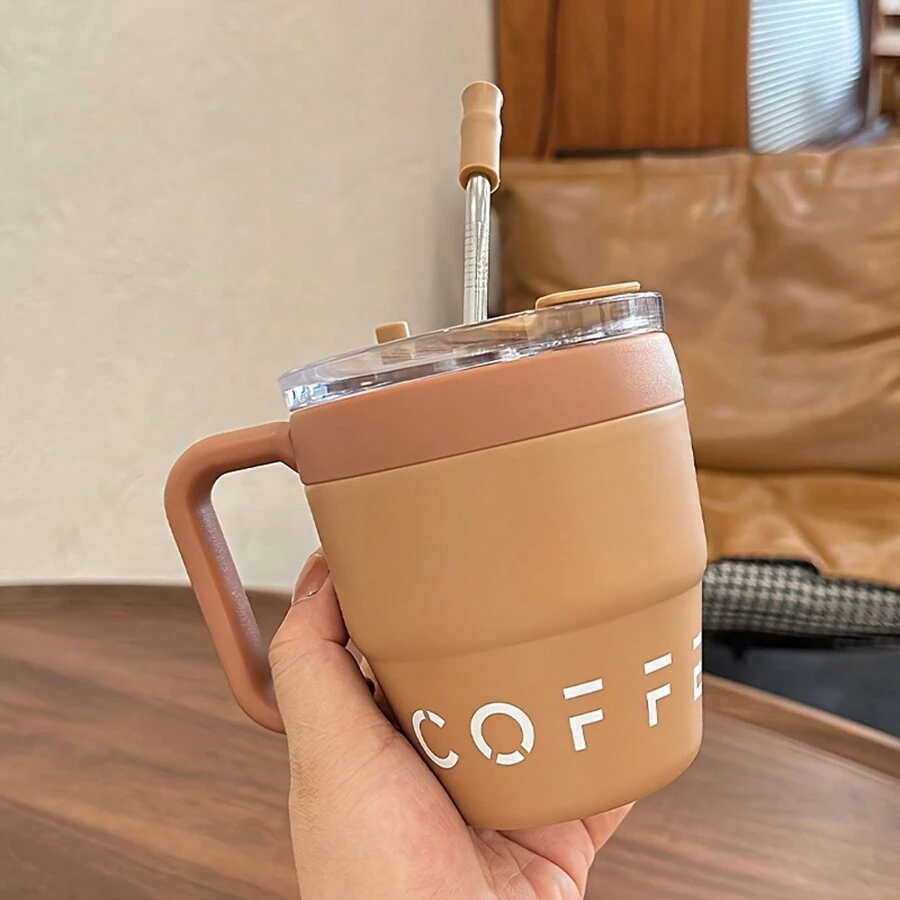 1 pieza Taza de café portátil de 16oz/480ml con asa y pajita, taza de café de doble capa aislada al vacío de acero inoxidable para uso en campamentos al aire libre, hogar y oficina
