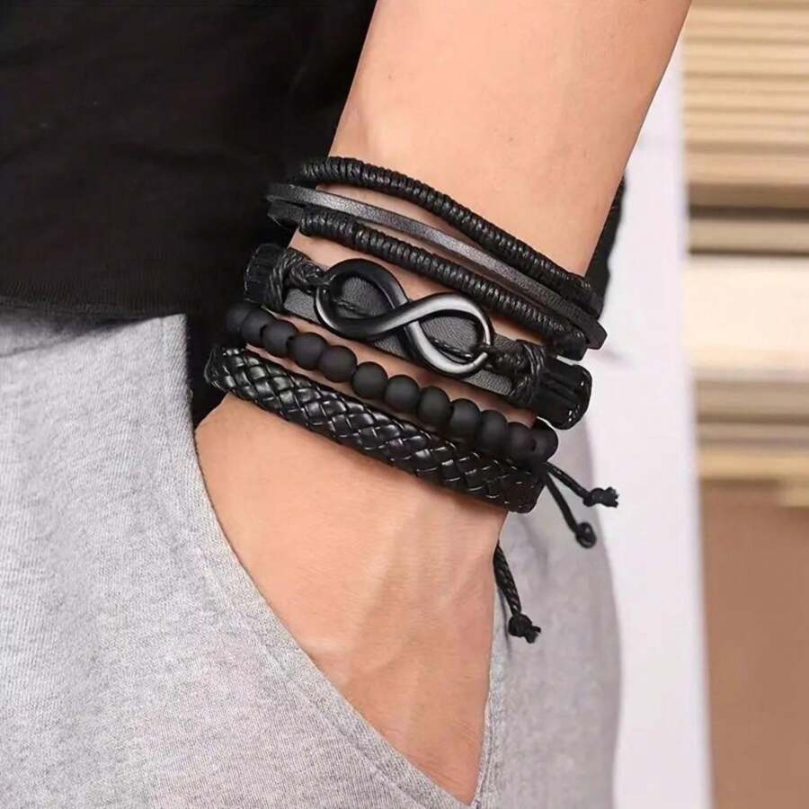 Set da 4 braccialetti in pelle da uomo, corda nera alla moda a più strati, regalo per Natale, Capodanno, San Valentino e altre festività