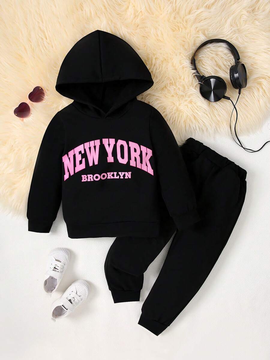 2pcs/Set Young Girl Casual Letter Print Hooded Sweatshirt And Pants Sports Suit, "New York" Pattern, Suitable For Outdoor Everyday Wear