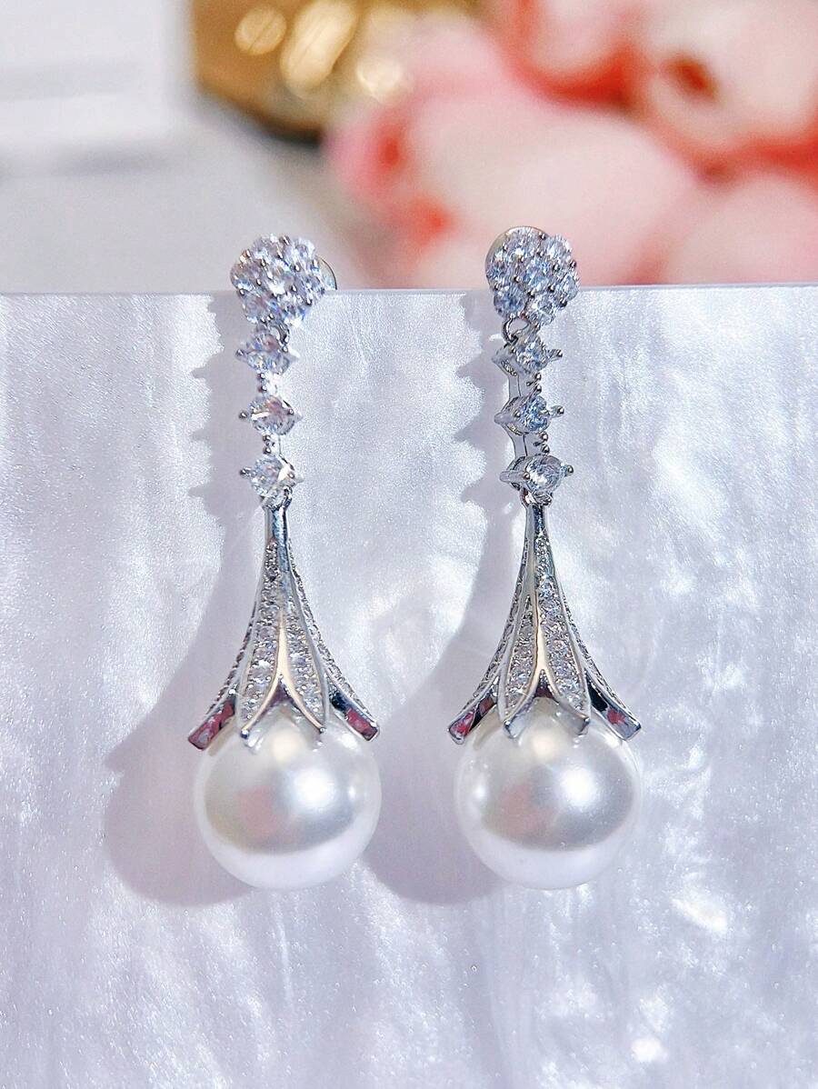 SEQUITO 2 piezas Joyas nobles para la fiesta de bodas de la novia, pendientes de gota con perla y circonia cúbica AAAAA de alta calidad con ajuste engastado en baño de oro blanco