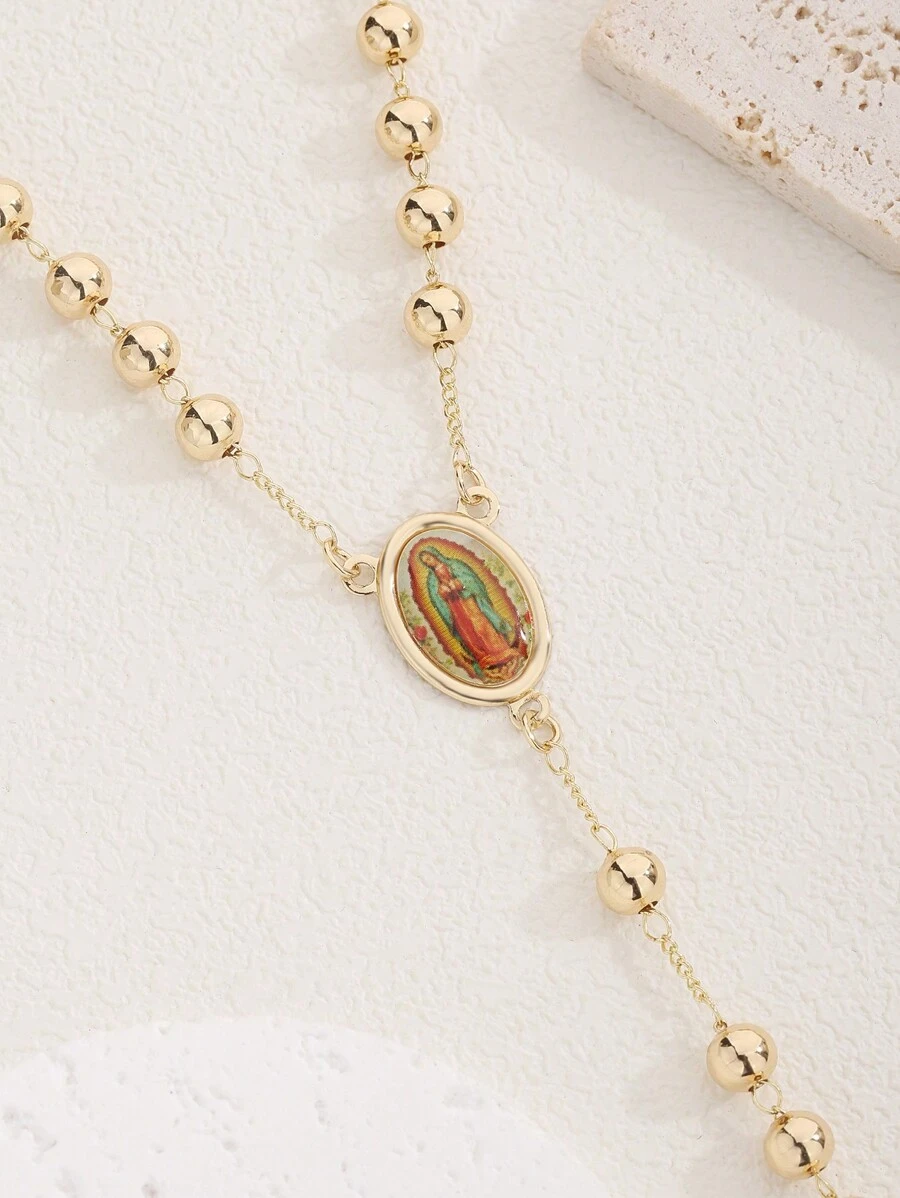 1 Stück klassische Kupfer Jungfrau Maria Perlenkette mit Kreuz Anhänger, geeignet als Geschenk für Freunde und zum lässigen Tragen oder für Festivals, für Frauen