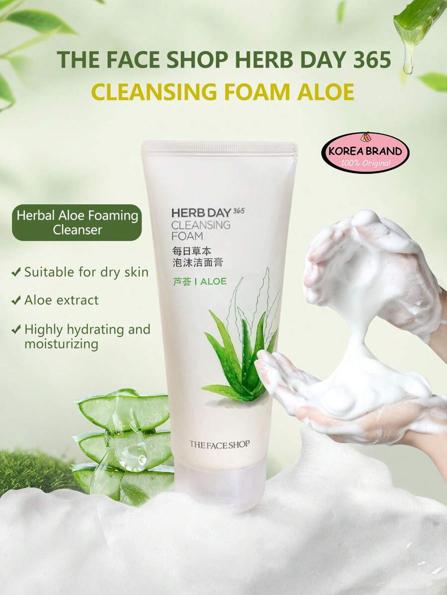 The Face Shop Espuma limpiadora de mezcla maestra Herb Day 365, limpiador suavizante de piel de té verde y aloe, eliminación de células muertas y residuos de maquillaje con sensación refrescante, eliminación de residuos de la piel y de origen natural, hidratante, calmante, lavado facial apto para todo tipo de piel, K-Beauty, maquillaje coreano, 170g/5.99oz