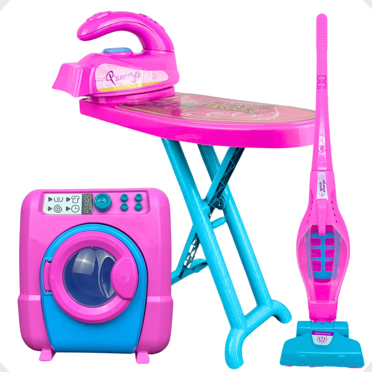 Kit Limpeza Brinquedo Infantil Aspirador de Pó Máquina de Lavar Roupas Tábua de Passar