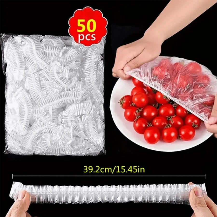 100 piezas Paquete de valor de cubiertas de plástico desechables para mantener la frescura - Solución de frescura de cocina premium para frutas, arroz y sobras - Duradero, a prueba de fugas, cubiertas selladas multiusos - Ideal para uso doméstico y restaurante