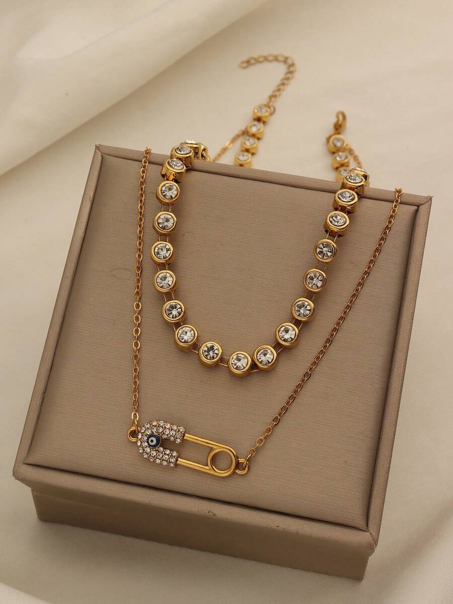 1 pièce Collier multicouche à pendentif en acier inoxydable diamant œil de diable rétro à la mode, convient pour le port quotidien des femmes et les cadeaux de vacances, sans boîte-cadeau incluse