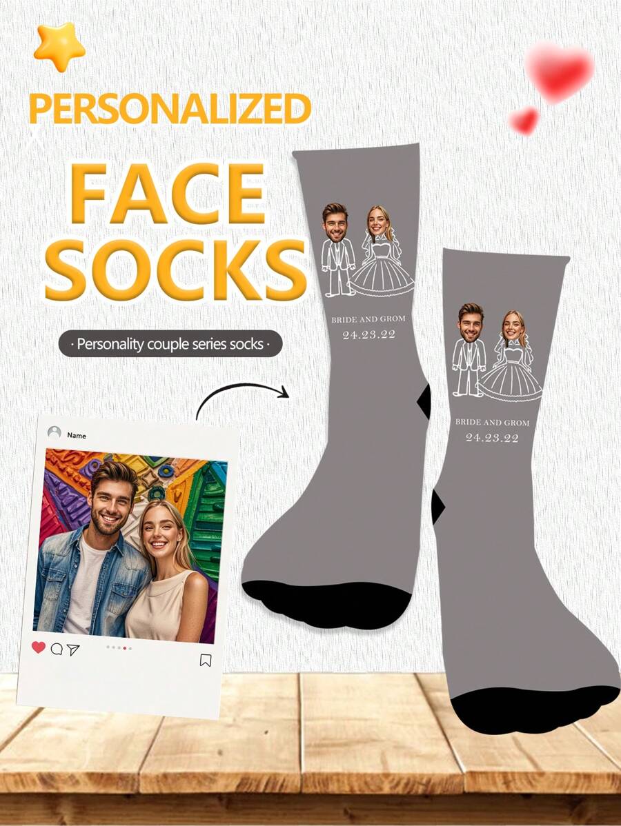 1 Pair Of Customized Face Women's Mid Tube Socks, Put Any Face On Socks, Personalized Socks With Photos, Interesting Customized Picture Pairs With Medium To Long Socks, Suitable For Valentine's Day, Birthdays, Gift Giving, And Other Occasions,Personalized, Fun, Rich And Colorful, Creative Anime Cartoon Design, Holiday Gifts, Comfortable And Breathable, Improving The Family Day Atmosphere, Fashionable And Fashionable, Suitable For Both Men And Women Funny Socks