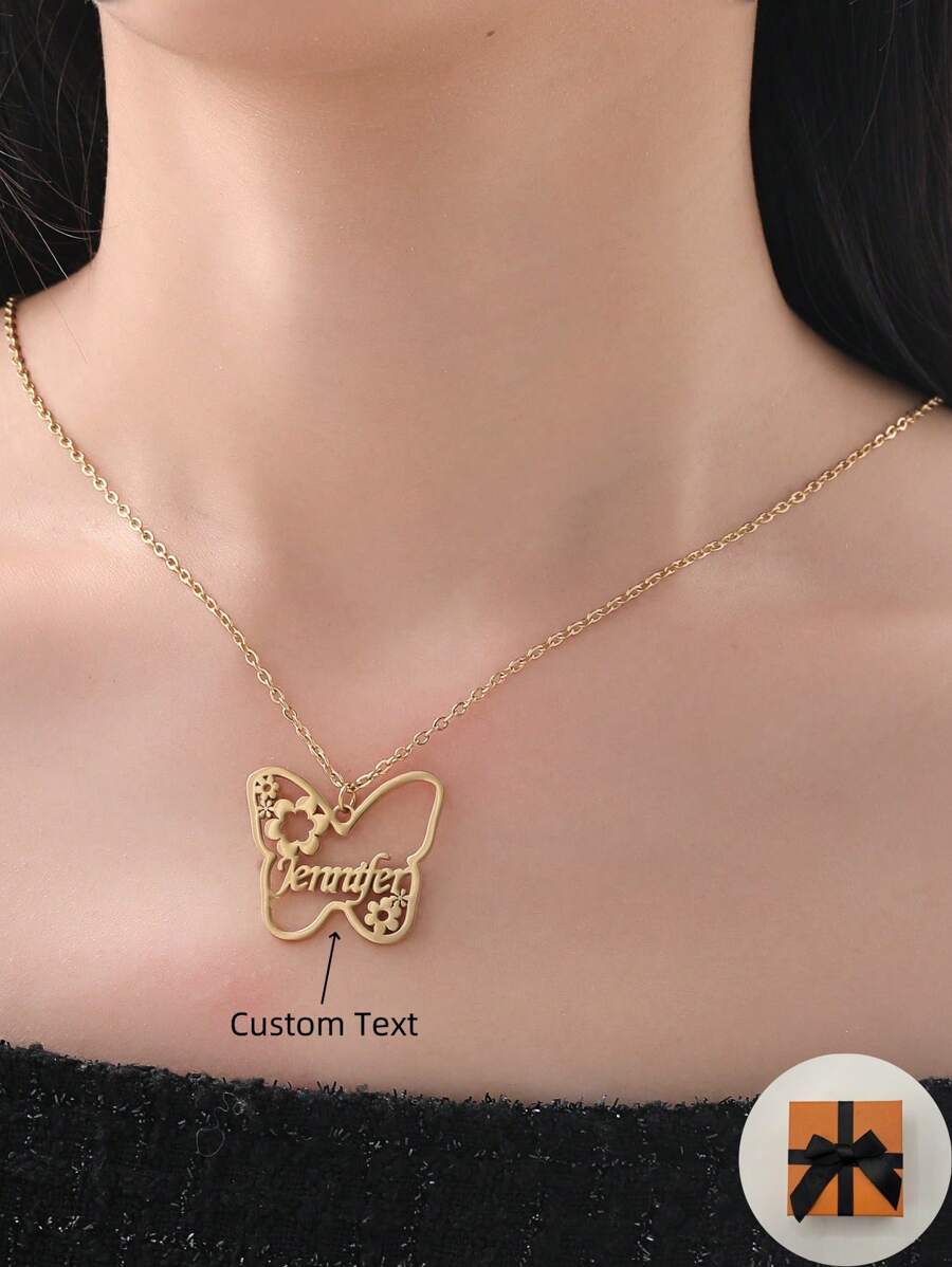 Colar com moldura de borboleta elegante personalizável de 1 unidade, aço inoxidável banhado a ouro 18K, design de texto oco personalizado, moldura floral e borboleta superior e inferior, presente de feriado exclusivo para entes queridos, amigos e família - ouro