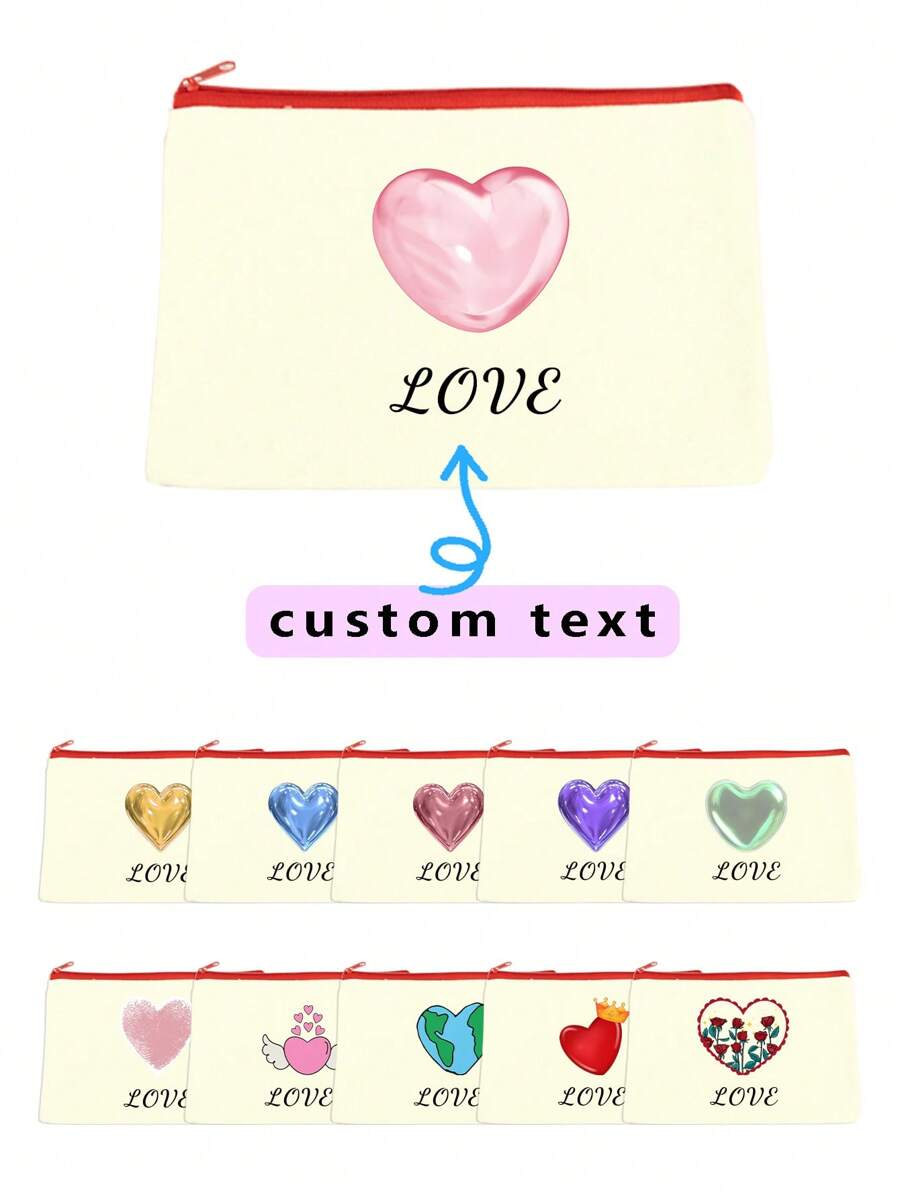 1pc Heart-Shaped Silkscreen Printed Personalized Cosmetic Pouch, Red Zipper, Customizable With Name, Holiday Phrases Or Other Info, Double-Sided Printing, Simple Yet Stylish Design