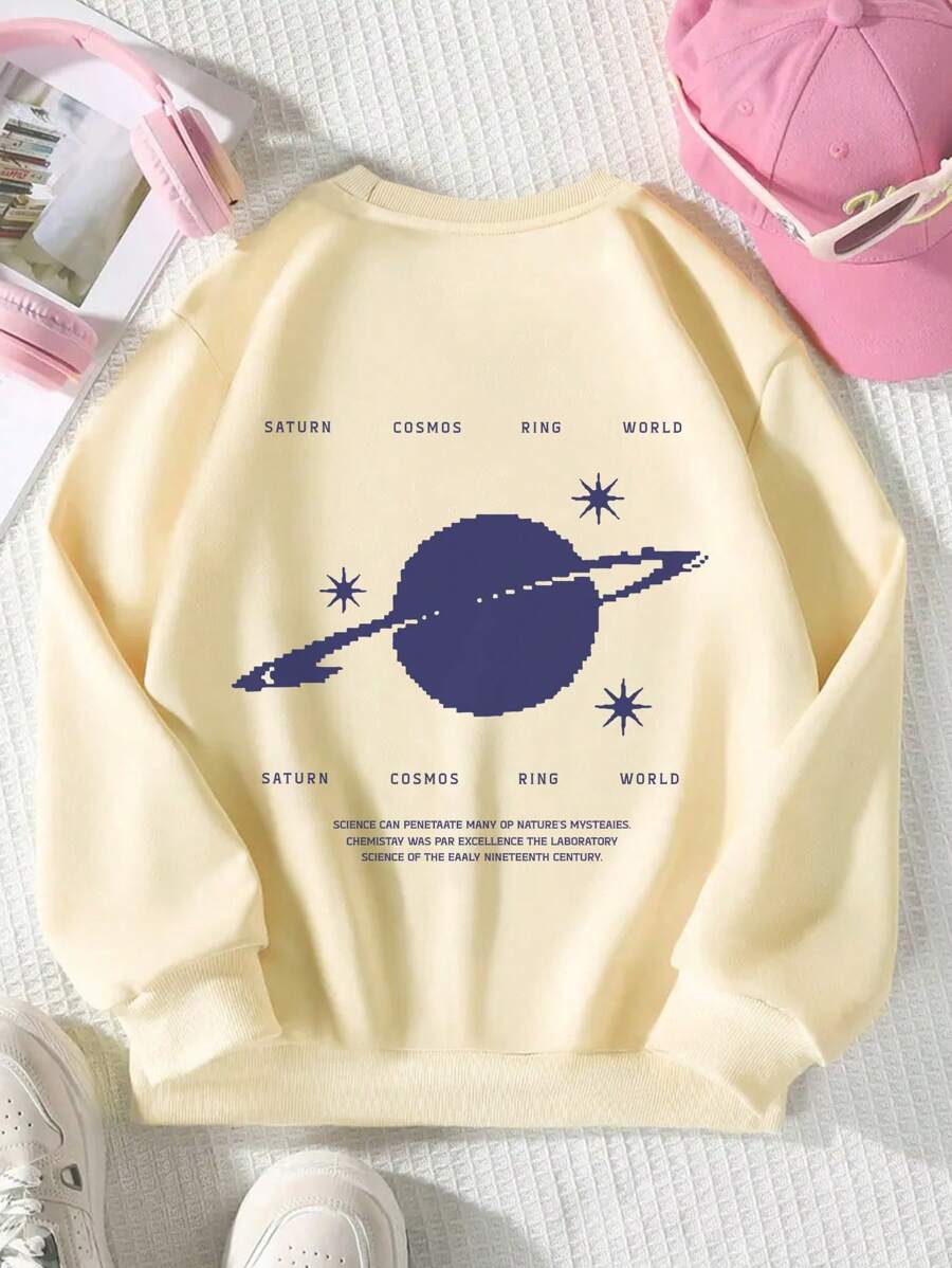 Blusas casuais e confortáveis com estampa planetária da moda para meninas de meia-idade e pré-adolescentes
