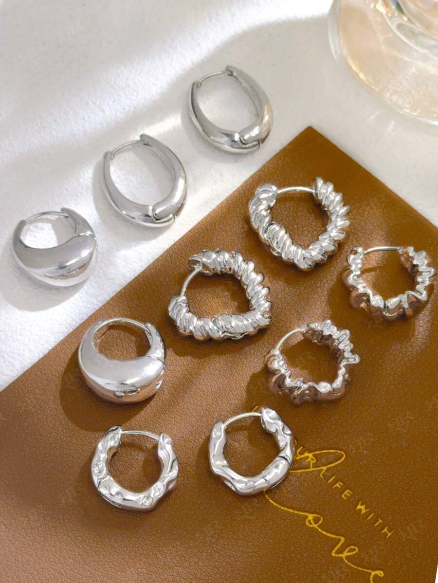 5pairs Metal Personality French Chic Elegant Minimalist Niche Heart Alloy Hoop Earrings Set For Women Valentines