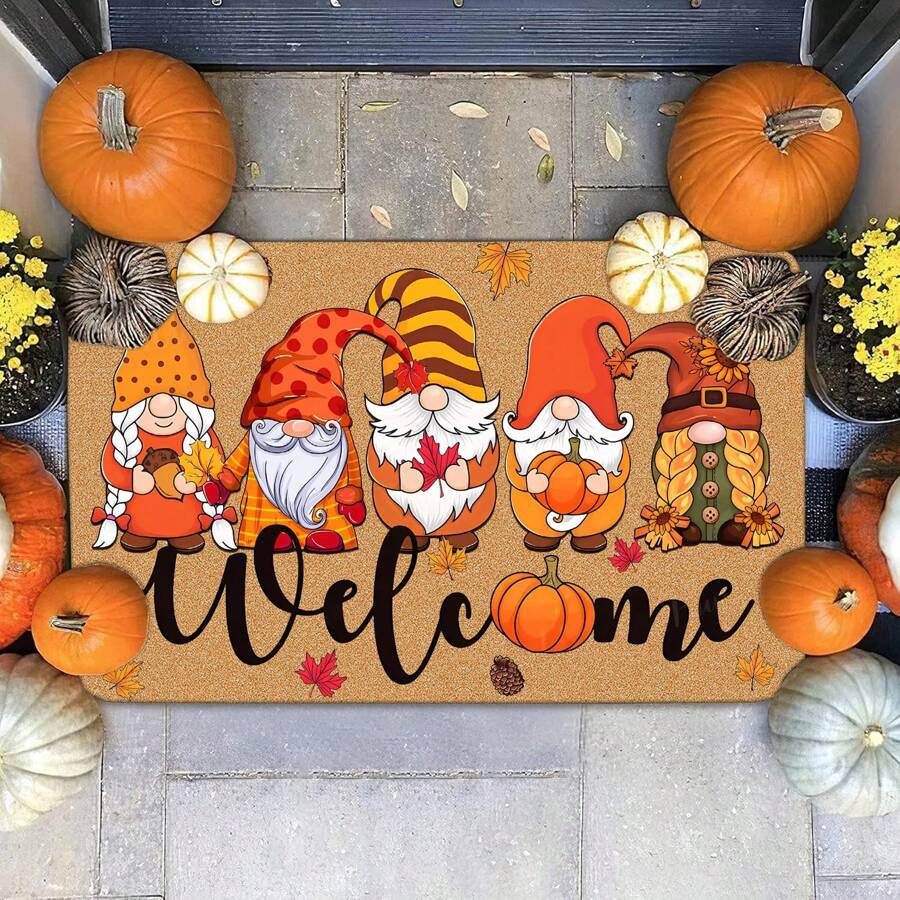1pc Autumn Theme Doormat, Dwarf Autumn Element Pattern Slip-Resistant Outdoor Decorative Carpet Mat, Thanksgiving & Halloween Decor, Home Autumn Decoration